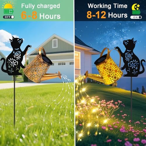 Solar Garden Lights Outdoor Decor, Watering Can with Cat Stake, Waterproof - Image 2