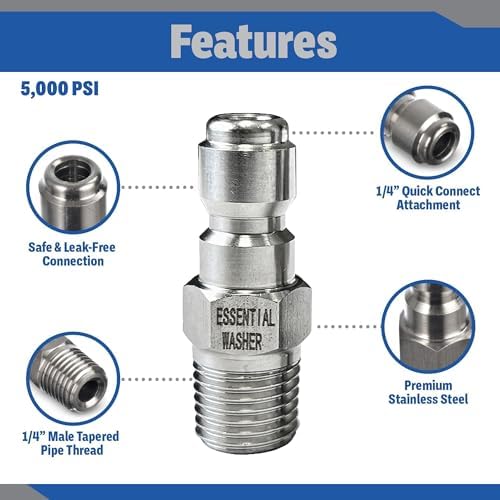 Essential Washer Stainless Steel ¼” Plug Male NPT | Pressure Washer Quick Connect Fittings | 5000 PSI | Set Of 6 - Image 3