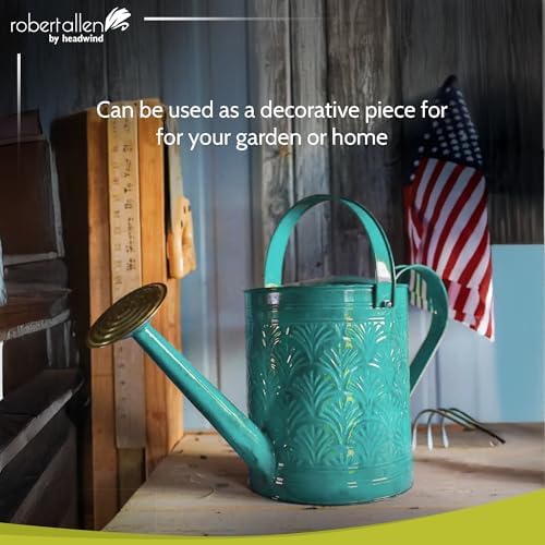 Headwind Aurora 2 Gallon Metal Watering Can, Large Watering Can Outdoor for Garden Plants, Brass Rose Shower Head, Vintage Embossed Galvanized Steel – Surf Blue - Image 7