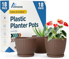 Brown 6-Inch Plant Pots with Drainage & Saucers 18 Pack, Indoor & Outdoor Planters for Houseplants, Herbs, and Flowers, Durable & Weatherproof Material, Stackable, Lightweight, Minimalist Design by LIFEMASTER
