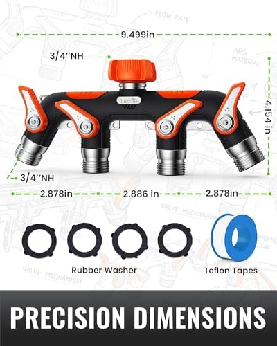 RAINPOINT 4 Way Garden Hose Splitter, 100% Metal Heavy Duty Water Hose Splitter with Individual Shut-Off Valves, 3/4" GHT High Flow Outdoor Faucet Splitter, 1.81" Extra Long Handle (Orange) - Image 3