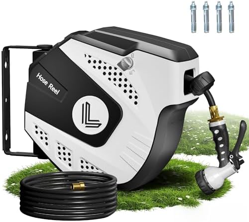 5/16 Inch x 40 Ft Retractable Garden Hose Reel, Extremely Durable, Adjustable Length Lock, Gradual Return Mechanism, Wall-Mounted with 180 Degree Swivel Bracket, White by Dkenicor