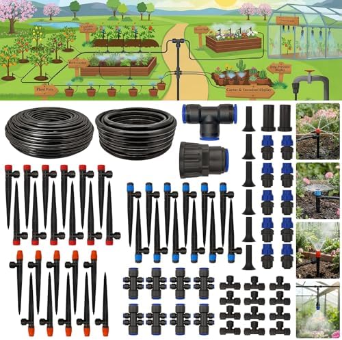 Drip Irrigation System 230FT Quick-Connect Drip Irrigation Kit with 1/4 inch 1/2 inch Irrigation Tubing Hose and Accessories for Lawn Raised Bed Greenhouse Plant Watering System by Abakuku