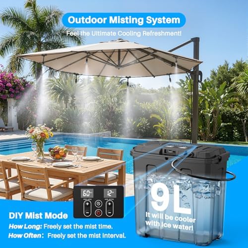 Ausic Portable Misting System, Outdoor Water Misters for Outside Patio Umbrella Cooling with Rechargeable Water Pump (Consecutive 8Hrs), 9L Bucket, 26FT Hose, for Tailgating, Camping, Canopy, Sport - Image 3