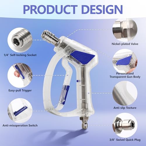 5000 PSI Pressure Washer Gun with Self-Locking Quick Connect, 360° Rotating 3/8" Plug, M22-14mm M22-15mm Adapters, 5 Nozzle Tips, High Pressure Short Power Washer Trigger Gun for Car Wash Cleaning - Image 6
