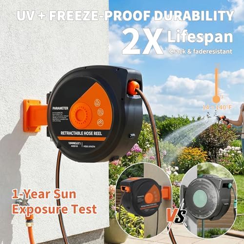 100 Ft X1/2 in Retractable Garden Hose Reel, Wall Mounted Heavy Duty Garden Hose Reel with 10 Spray Nozzle, Slow Retraction System, 180°Swivel Bracket, UV Resistant & 3-Layer Protect - Image 4