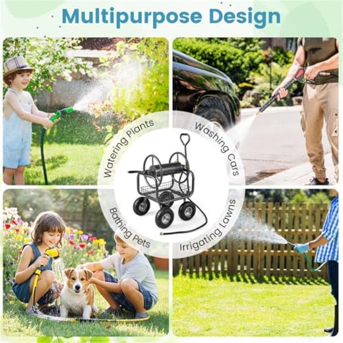 Garden Hose Reel Cart with 4 x 10" Pneumatic Wheels, Heavy-Duty Metal, Holds 300 ft, Crank Handle, Storage Basket - Image 6
