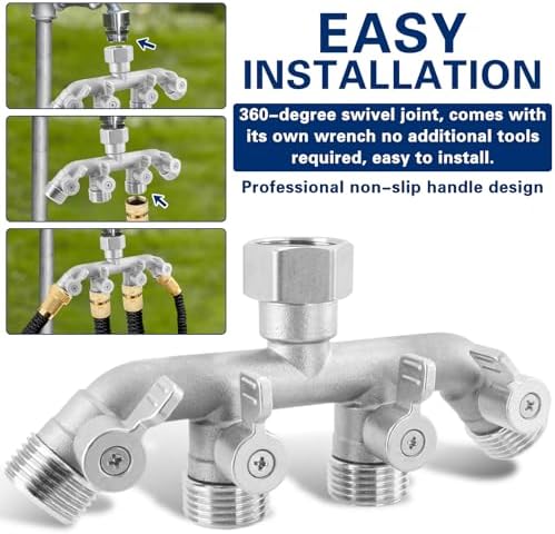 4 Way Garden Hose Splitter, 304 Stainless Steel Outdoor Faucet Splitter with 4 Individual Shut Off Valves, 3/4" GHT High Flow Hose Bib Spigot Connector - Image 7