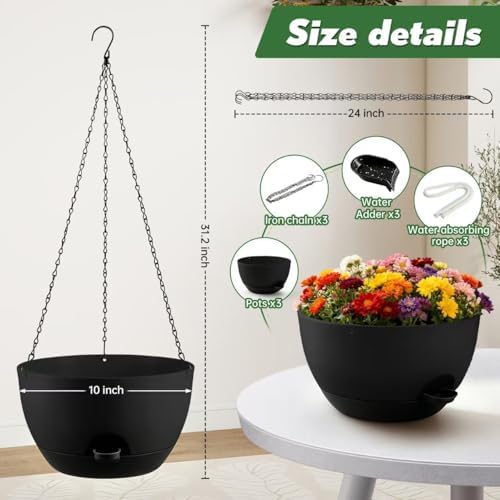 3-Piece Set of 10-Inch Hanging Planters with Automatic Watering System and Drip Tray, Includes Metal Chain, Suitable for Various Indoor and Outdoor Plants and Flowers,Pure Black - Image 3