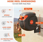65 ft 1/2 Inch Retractable Hose Reel with Auto Slow Return​, Wall Mounted Garden Water Hose Reel with Any Length Lock, 9-Pattern Nozzle, 180° Swivel & UV Resistant Outdoor Hose Reel - Image 3