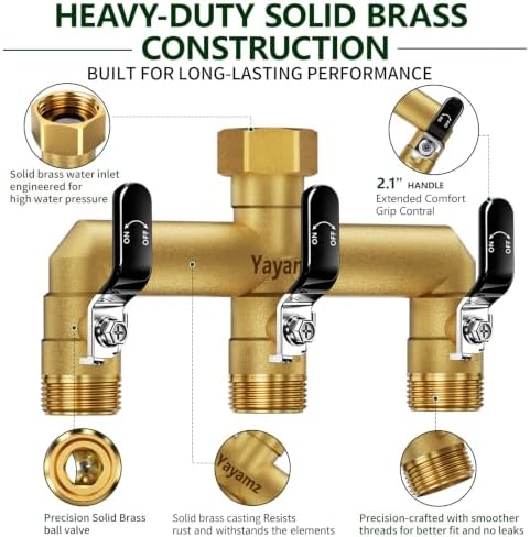 3-Way Garden Hose Splitter, Heavy-Duty Brass, 3/4" GHT, （Black） - Image 2