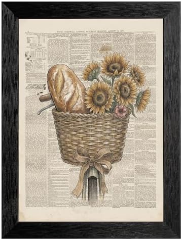 Framed Canvas Wall Art Vintage Bicycle Sunflower Bread Muted Ochre Art Canvas Print Poster Black Frame Wall Decor for Kitchen Rustic Cottagecore Art, Farmhouse Decor - 12x16 Inch by Unknown