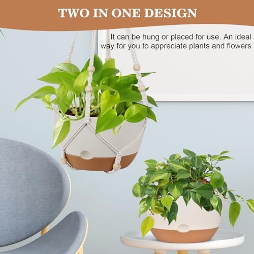 3 Pack Hanging Pot for Indoor Plants, 10inch Self-Watering Hanging Planter, Macrame Plant Hanger with Pot, Metal Chain, S & Ceiling Hooks, Removable Saucer and Drainage Holes for Garden Home - White - Image 7