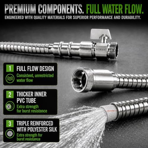 Morvat 150ft Stainless Steel Garden Hose Metal with Brass ON/OFF Valve, Heavy Duty for Nozzle, Water, Yard & Outdoor, Lightweight No-Kink, Crush & Puncture Resistant, Roll of Teflon Tape & 3 Washers - Image 5