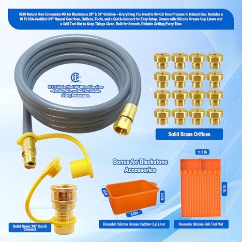 5249 Natural Gas Conversion Kit for Blackstone Grill 28" 36" Griddle,for Blackstone Natural Gas Conversion Kit w/10 FT Natural Gas Hose,Silicone Grill Tool Mat,Grease Cup Liner,3/8" Quick Connect Etc. - Image 2