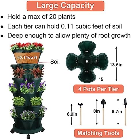 GameXcel Vertical Planter Tower - 6 Tier Stackable Garden Planters with Wheels and Tools Plant Pots for Strawberry Herb Flower and Vegetable Indoor Outdoor Use Green - Image 5