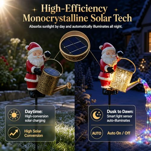 Solar Watering Can Light,Christmas Santa Solar Kettle Lights, Solar Outdoor Decorative,Garden Decor Lights for Yard, IP65 Waterproof Novelty Santas Solars Christmas Decorations Night Lights - Image 4