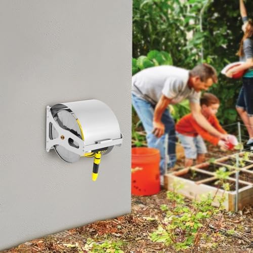 164.04 Feet Garden Hose Reel, 0.63" Wall-mounted Stainless Steel Hose Holder with 360° Rotation Handle & Storage Shelf - Image 3