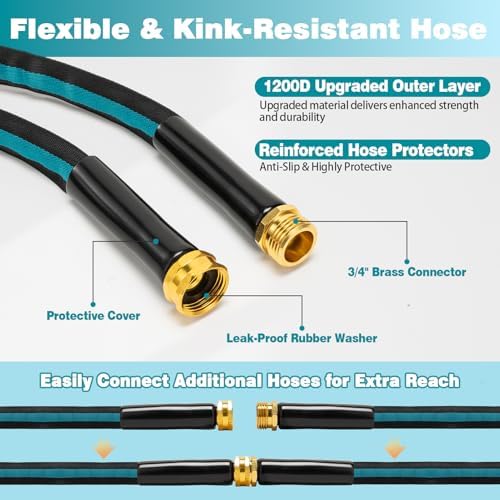 100FT Garden Hose, Kink-Free Non-Expandable Flexible Water Hose with 10-Pattern Spray Nozzle, Lightweight Leakproof Flat Hose with 3/4” Solid Brass Connector for Yard, Lawn & Outdoor Use - Image 3