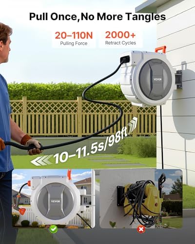 VEVOR Retractable Garden Hose Reel, 1/2 in x 130 ft, Wall Mounted Hose Reel with 9-Function Sprayer Nozzle and 180° Swivel Bracket, Any Length Lock, Automatic Slow Rewind System, for Garden Watering - Image 3