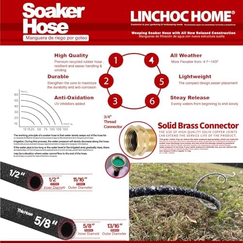 Soaker Hose 100FT 5/8 Inch with Solid Brass Connectors & Garden Stakes Kit, High Capacity Irrigation System for Large Gardens - Image 2