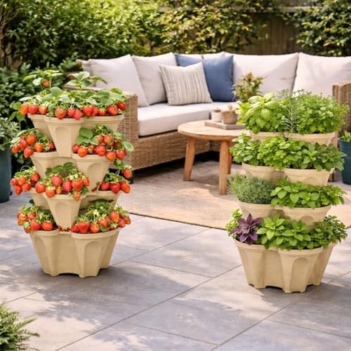 Stackable Vertical Planter Tower, 4 Tier Strawberry Planter,16 Plant Sites, Space Saving Garden Planter for Vegetables & Herbs, Indoor Outdoor, Made in USA (Desert Sand) - Image 7