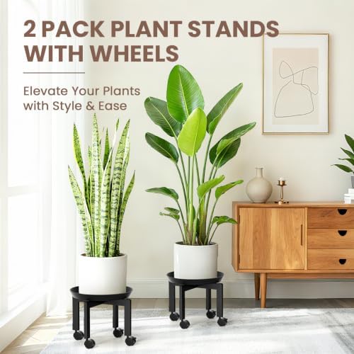 TOSKING 2-Pack Plant Stands with Wheels, Drip Trays, Black Metal - Image 2