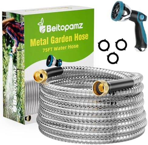 Beitopamz Metal Garden Hose 75 ft with Nozzle, Stainless Steel by BeitopamzGardenHose