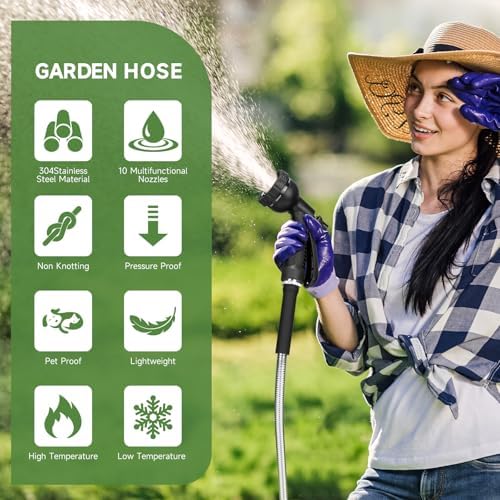 YXT&BEYOND 50 FT Garden Hose - 304 Stainless Steel Lightweight Water Hose w/ 10-Pattern Spray Nozzle - 360° Swivel Fittings, Flexible Metal Garden Hose for Yard Outdoor, Leak-Proof Kink Free - Image 4