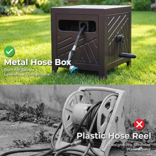 Garden Hose Reel Hideaway, Heavy Duty Metal Hose Reel Box for 125FT x 5/8" Hose, Steel Hose Storage Reel with Manual Crank Handle, Hose Guide System, Leak-Proof Aluminum Fittings, Stable 4-Leg Base - Image 2