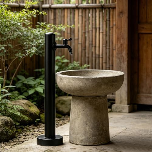 Stainless Steel 60/95cm Water Dispenser Column, Round with Water Tap and Hose Connector Free-Standing Garden Tap Outdoor Spigot, Vertical Water Hydrant(Black,60cm/23.6in,Style 1) by Junvstor