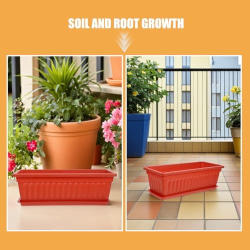 MAGICLULU 2pcs Large Plastic Rectangle Planters with Saucers for Balcony and Garden, Thickened Window Boxes for Vegetable and Strawberry Planting, Brick Red Sturdy Flower Holders - Image 3