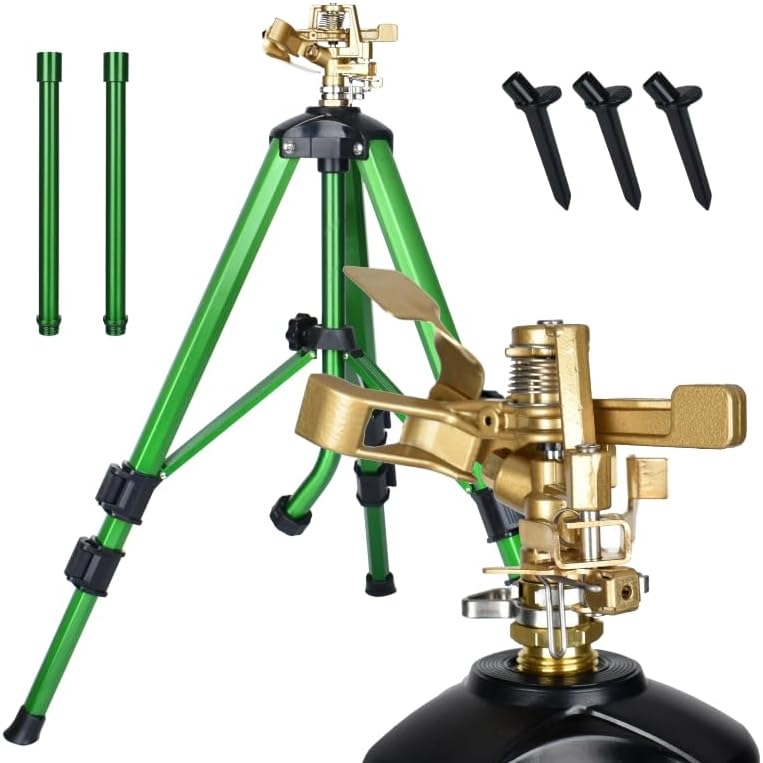 Deluxe 48" Tripod Sprinkler with Brass Impact Head, Adjustable 16-37 Inch Stand, with 12 Inch Extension Poles and Spiked Leg Shoes SP02-2PACK - Image 2