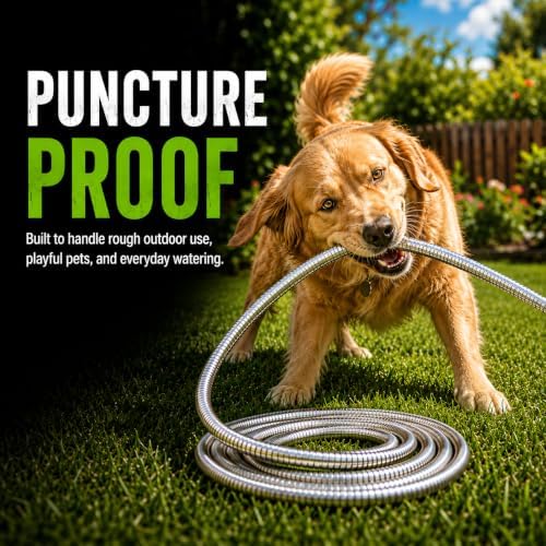 Morvat 100ft Stainless Steel Garden Hose Metal with Brass ON/OFF Valve, Heavy Duty for Nozzle, Water, Yard & Outdoor, Lightweight No-Kink, Crush & Puncture Resistant, Roll of Teflon Tape & 3 Washers - Image 4