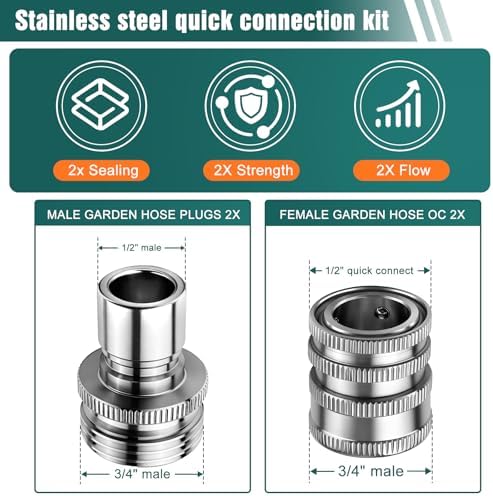 Upgraded Stainless Steel Quick Connect Hose Fittings Set - 3/4" GHT Universal Quick Release Garden Hose Connectors (Stainless Steel, Sliver 5 Pack) - Image 2