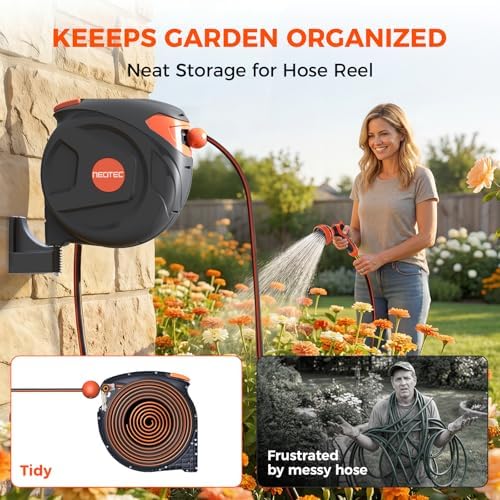 65 ft 1/2 Inch Retractable Hose Reel with Auto Slow Return​, Wall Mounted Garden Water Hose Reel with Any Length Lock, 9-Pattern Nozzle, 180° Swivel & UV Resistant Outdoor Hose Reel - Image 4