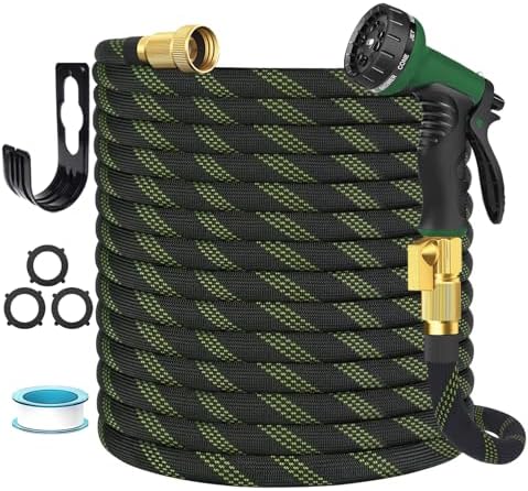 Garden Hose Non-Expandable 75 ft, Lightweight Flexible Water Hose with 10 Function Spray Nozzle, Outdoor Leak Proof, Kink-Free, Portable Hose for Yard, Lawn, Camper, High-Density Fabric, Black Green by Unknown