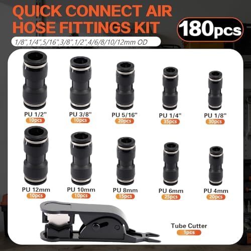 180PCS Air Hose Push to Connect Fittings Kit, 1/8",1/4",5/16",3/8",1/2" & 4,6,8,10,12mm OD Pneumatic Air Line Quick Connect Assortment with Tube Cutter for Air Compressor, Workshop, Auto - Image 2