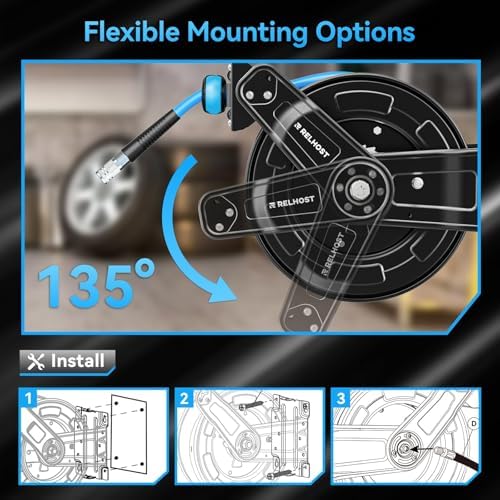 Retractable Air Hose Reel Dual Arms, 50 ft x 3/8 in Hybrid Air Hose Max 300PSI, Heavy Duty Air Compressor Hose Reel, Auto Rewind, Ceiling/Wall Mount for Garage, Workshop, Home Studio - Image 4