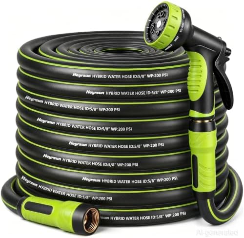 Garden Hose 50ft, Non-Expandable Heavy Duty Water Hose with 10 Function Sprayer, Flexible, Leakproof, Kink Resistant & Hybrid Hose for Yard, Outdoor, 600 PSI by HEYRSUN
