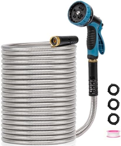 Metal Garden Hose 100 ft x 5/8 in OD with 10 Pattern Sprayer Nozzle, Stainless Steel Water Hose, Non Expandable Flexible Kink Resistant Heavy Duty Hose for Yard, Car Washing and Pet Bath by Unknown