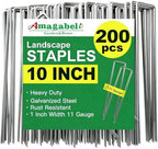 AMAGABELI 10 Inch 200 Pack Galvanized Landscape Staples 11 Gauge Anti-Rust Heavy Duty Garden Stakes Plant Cover Spikes U-Shaped Sod Pins Fence Stakes for Weed Barrier,Irrigation Tubing,Decoration by AMAGABELI+GARDEN+%26+HOME