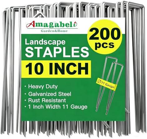 AMAGABELI 10 Inch 200 Pack Galvanized Landscape Staples 11 Gauge Anti-Rust Heavy Duty Garden Stakes Plant Cover Spikes U-Shaped Sod Pins Fence Stakes for Weed Barrier,Irrigation Tubing,Decoration by AMAGABELI+GARDEN+%26+HOME