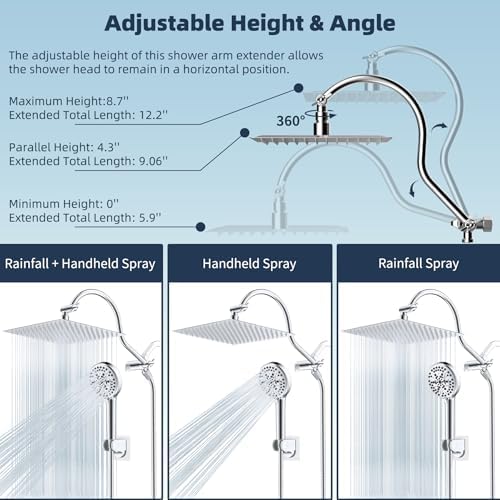 Hibbent 12'' All Metal CUPC Certified Shower Head, High Pressure Rainfall Shower Head, Handheld Showerhead Combo, 12'' Adjustable Shower Extension Arm, 10-Spray, 71'' Hose, Showerhead Holder, Chrome - Image 6