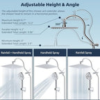Hibbent 12'' All Metal CUPC Certified Shower Head, High Pressure Rainfall Shower Head, Handheld Showerhead Combo, 12'' Adjustable Shower Extension Arm, 10-Spray, 71'' Hose, Showerhead Holder, Chrome - Image 6