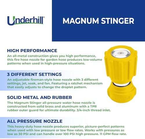 Underhill Magnum Stinger Fireman Style Garden Hose Nozzle NG400 – Heavy Duty Solid Brass Water Spray Nozzle, 11 GPM, 30–100 PSI, 3/4 Inch Thread Inlet, Jet Soak Fan Patterns, Professional Grade - Image 3