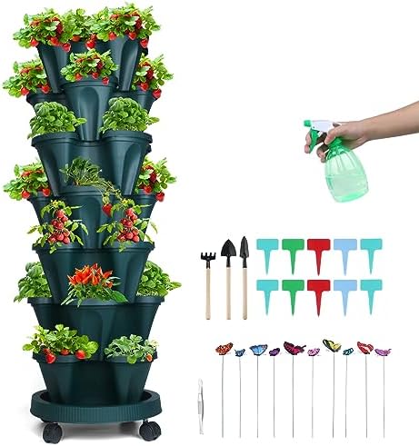 GameXcel Vertical Planter Tower - 7 Tier Stackable Garden Planters with Wheels and Garden Tool Set Plant Pots for Strawberry Herb Flower and Vegetable Indoor Outdoor Use Green by GameXcel