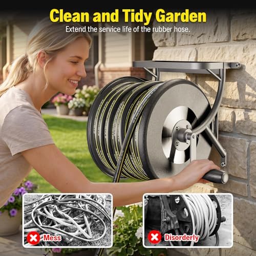 Heavy Duty Wall Mounted Garden Hose Reel, 130ft Rubber Hose 5ft Leader Hose - Image 7