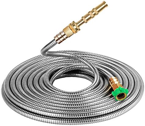 BEAULIFE 50 ft Metal Garden Hose, Solid Brass Fittings, 304 Stainless Steel Heavy Duty, No-Leak & Kink Free, Brass Garden Hose Nozzle Flexible for Yard, RV, Pet Bath, Outdoor Garden by Beaulife