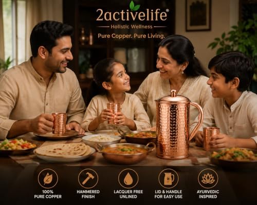 100% Pure Copper Pitcher 50.72 Oz / 1500 ml | Drinking Water Traditional Hammered Pitcher With Lid | Copper Jug Handle Water Bottle | Ayurveda Health Benefits | Serving Water in Daily Use - Image 4